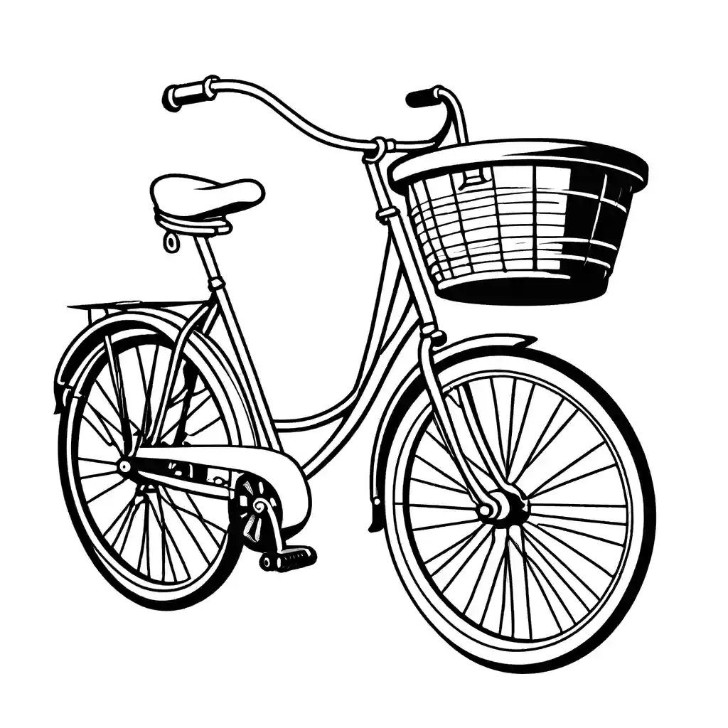 Coloring page presenting a bicycle with a basket on the front and clear, spacious areas for coloring.