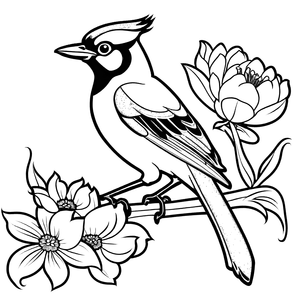 Coloring page of a Blue Jay bird standing next to a blooming flower.