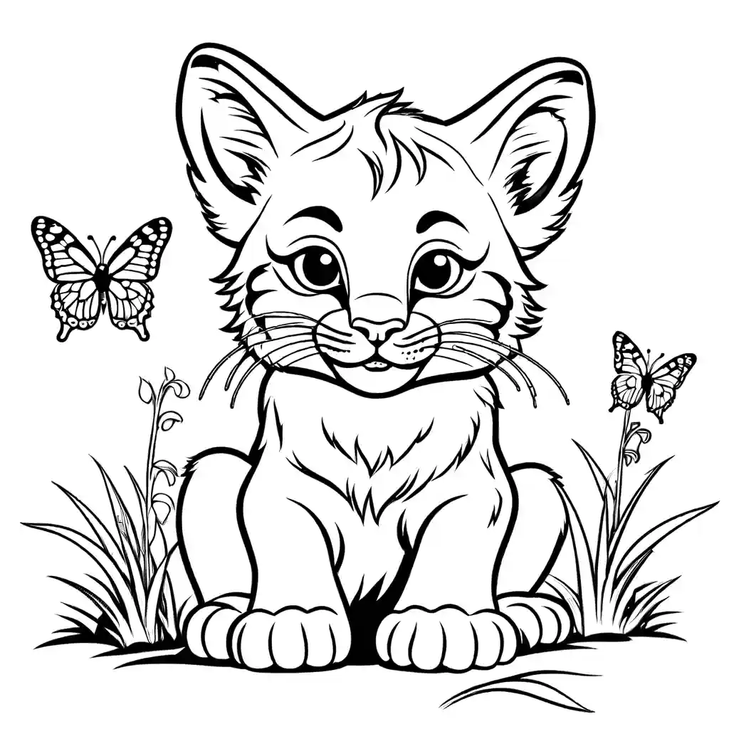 Coloring page of a playful bobcat cub interacting with a butterfly coloring page