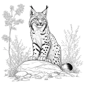 Coloring page depicting a bobcat sitting on a rock surrounded by simple nature elements. coloring page
