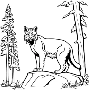 Coloring page of a detailed bobcat standing on a rock in a forest coloring page
