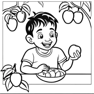 Coloring page of a boy eating a mango under a tree filled with mangoes.