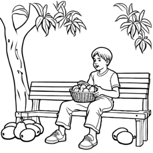 Coloring page of a boy sitting on a bench eating a mango, with a basket of mangoes.