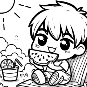 Young boy happily eating a slice of watermelon under the sun coloring page