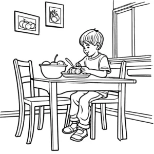 Coloring page of a boy sitting at a table peeling an orange.