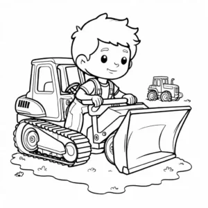 A boy joyfully plays with a toy bulldozer, perfect for children's coloring activities.