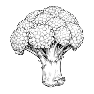 A detailed outline drawing of a broccoli for coloring, showing its florets and stalk.