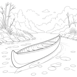 Coloring page showing a canoe on a river, perfect for kids to bring to life with colors.