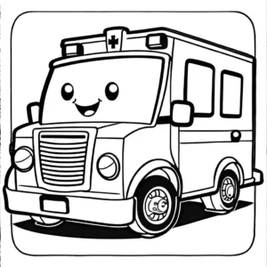 Coloring page featuring a cartoon-style ambulance with a smiling face and playful features