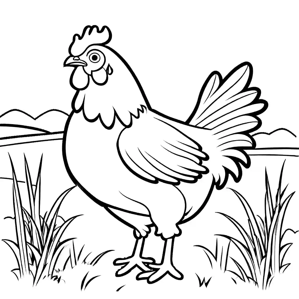 Cartoon chicken in a field coloring page Lulu Pages