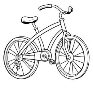 Coloring page showing a cartoon-style bicycle with exaggerated features, perfect for children.