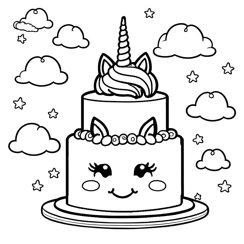 Simple line art of a charming unicorn cake with rainbows and clouds for children to color. coloring page