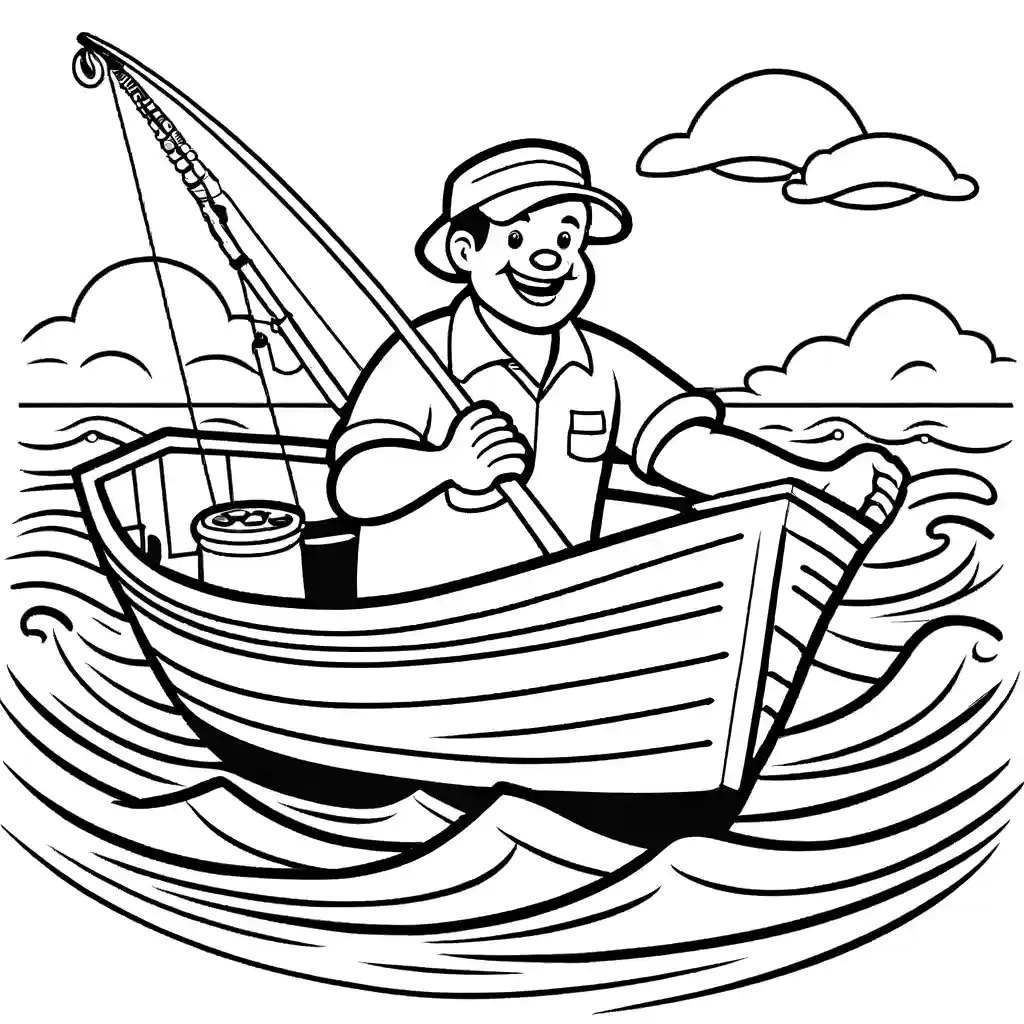 Cheerful fisherman in a fishing boat coloring page Lulu Pages