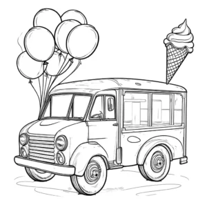 Coloring page featuring a cheerful ice cream truck with balloons and ice cream cones coloring page