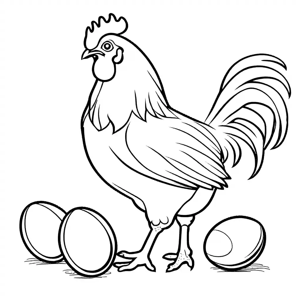 Simple outline coloring page of a chicken laying eggs.