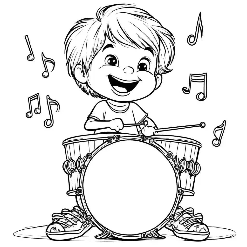 A child beats a drum with musical notes around, perfect for kids to color. coloring page