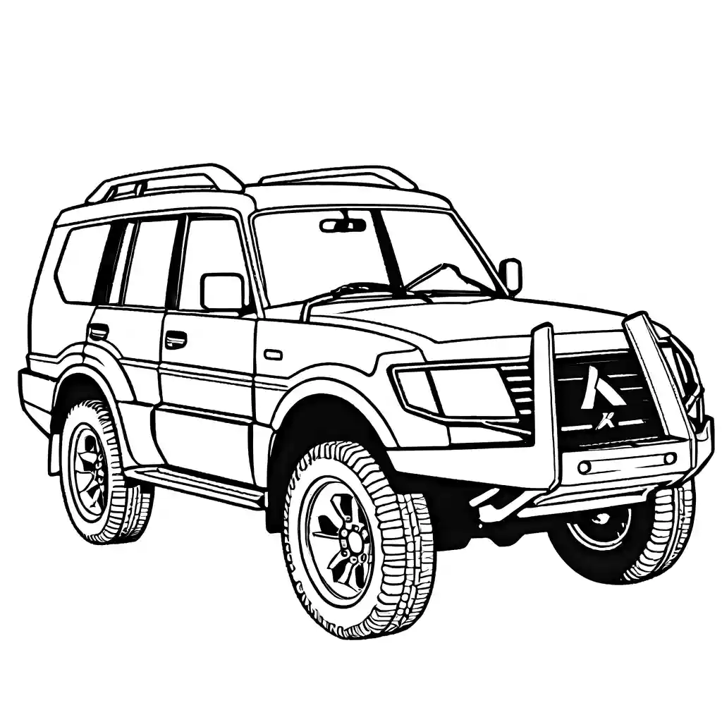Printable coloring page showing a Mitsubishi Pajero SUV with strong, bold lines for kids to enjoy.