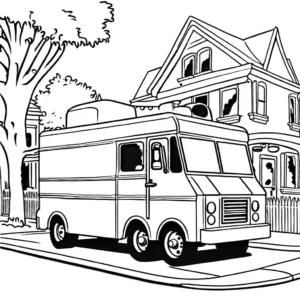 Classic line art of an ice cream truck parked in a suburban neighborhood. coloring page