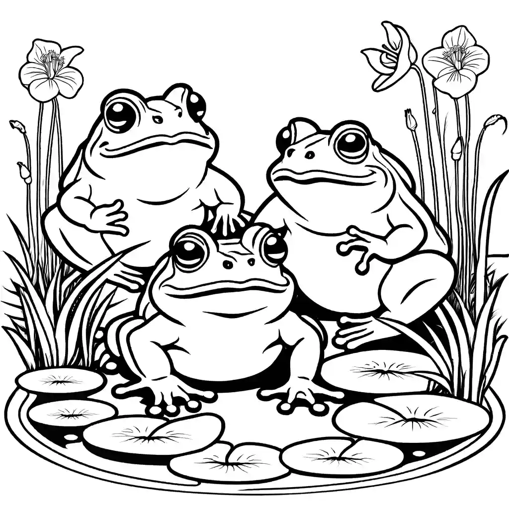 Coloring page of happy toads on lily pads Lulu Pages