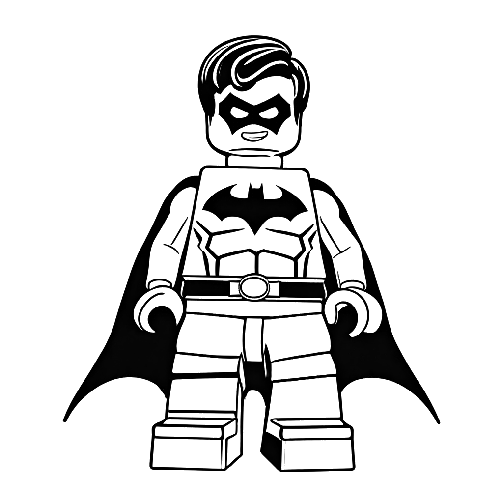 Lego superhero minifigure standing confidently, with bold lines for coloring.