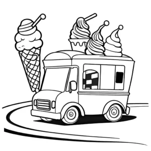 Coloring page showing a comical ice cream truck on a wavy road with large ice cream scoops and a cheerful vendor waving. coloring page
