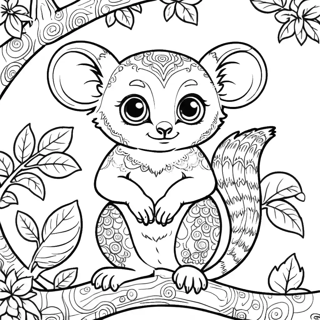 Cute bushbaby on tree branch coloring page Lulu Pages