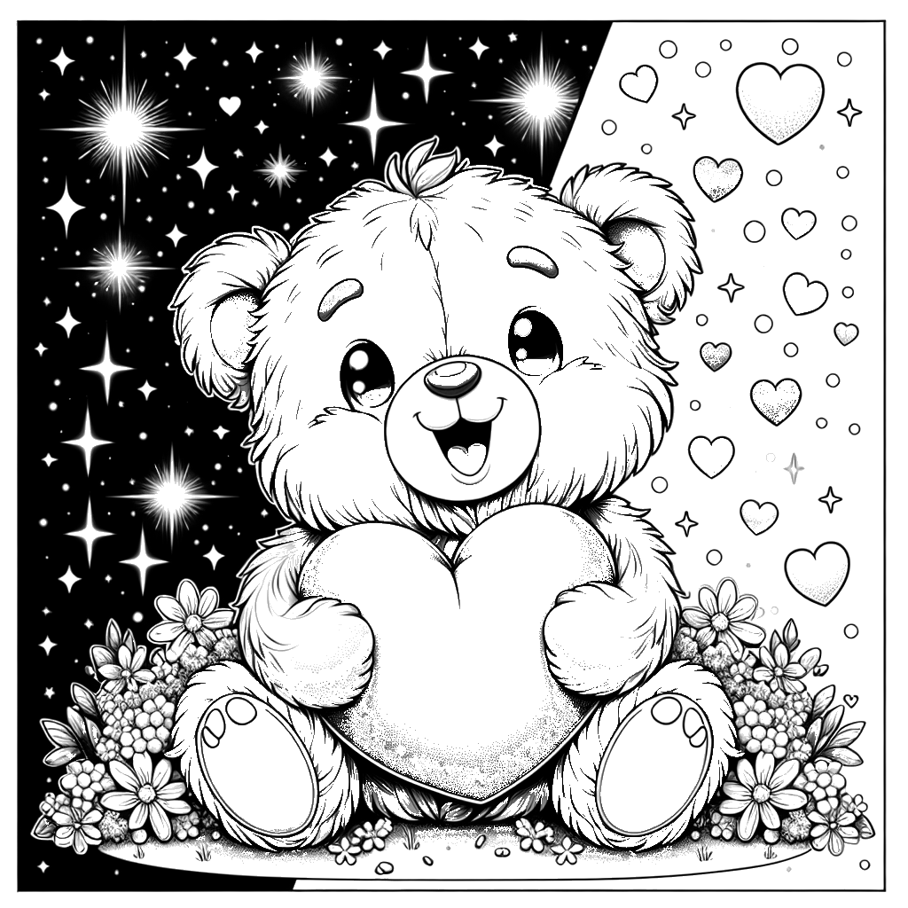 Coloring page with a happy teddy bear holding a heart, surrounded by stars and small flowers