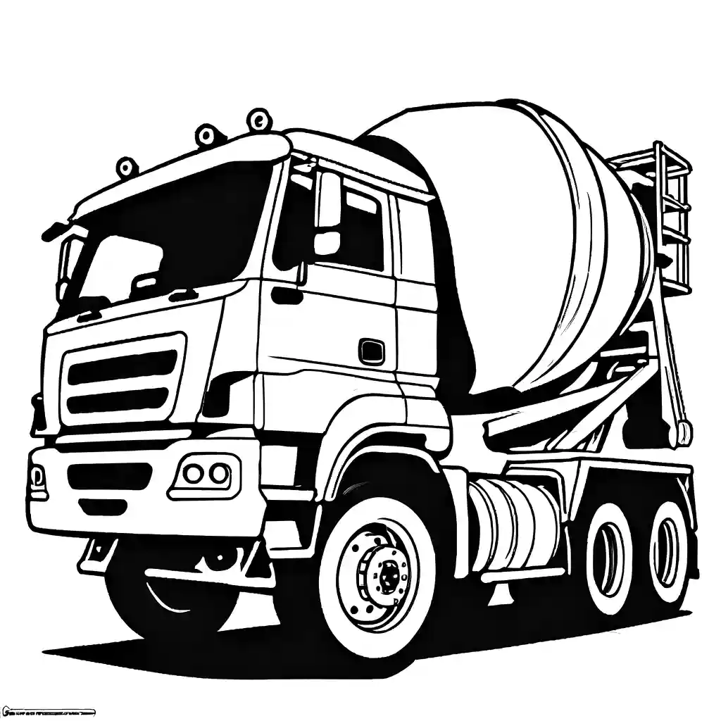 Large cement truck with detailed tires and mixer outline for coloring.