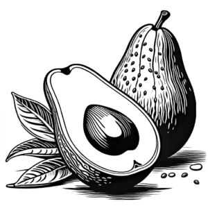 Coloring page with a close-up of a halved avocado, showing detailed seed texture and vine plant in the background.