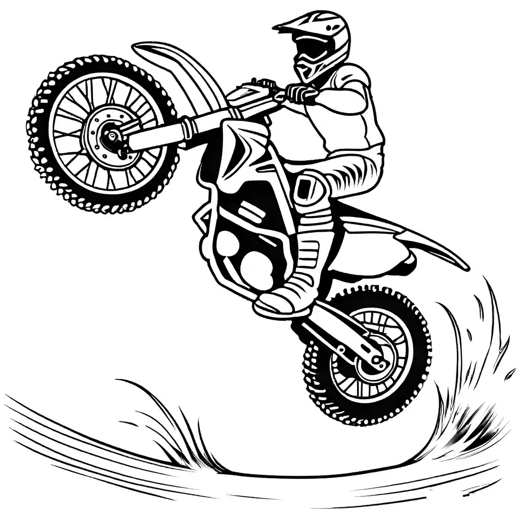 High-flying dirt bike performing a jump, outlined for coloring