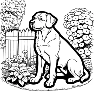 Realistic sketch of a dog sitting peacefully in a garden coloring page