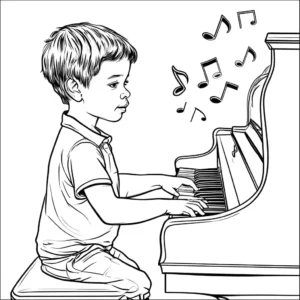 Coloring page of a child enthusiastically playing the piano with floating musical notes.