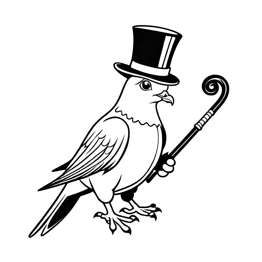 Pigeon in top hat holding a cane coloring page
