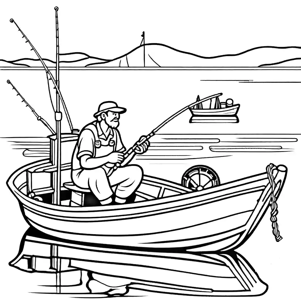 Fisherman and fishing gear in tranquil waters coloring page Lulu Pages