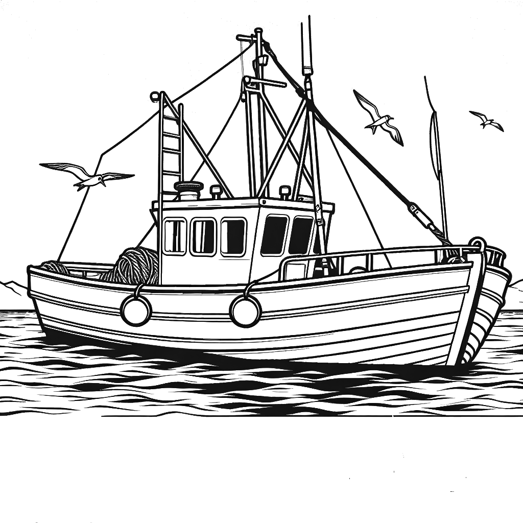 Outline of a white fishing boat on a calm sea for coloring