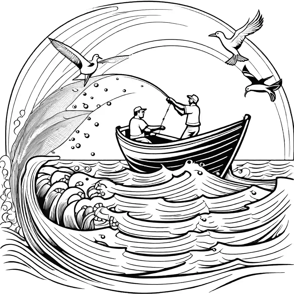 Fishing boat with jumping fish coloring page Lulu Pages