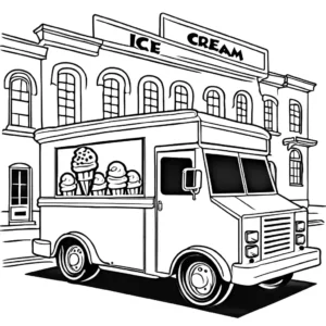 Front view line art of a cheerful ice cream truck in a city with 'Ice Cream' sign. coloring page