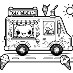 Coloring page of a cheerful Ice Cream Truck with ice cream cones, popsicles, and a serving window parked in a simple street setting. coloring page
