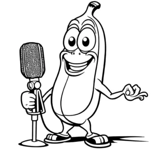 Coloring page depicting a humorous banana character holding a microphone with one foot up. coloring page