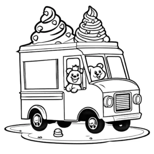 Coloring page of a funny ice cream truck featuring animal-shaped ice creams, a giant waffle cone bumper, and laughter clouds. coloring page