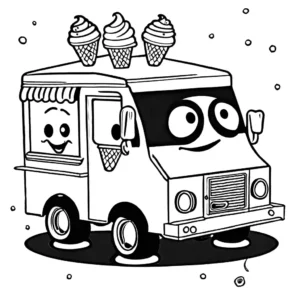 Coloring page of a funny ice cream truck featuring large googly eyes, a smiling mouth, and a clown nose, with musical ice cream cones on top. coloring page
