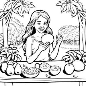 Coloring page of a girl eating a mango in a garden with fresh fruits.