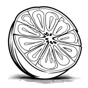 Line drawing of an orange cut in half, showcasing the inner segments, ideal for coloring.