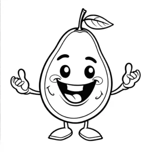 Coloring page of a happy cartoon avocado character with a big smile and waving hand.