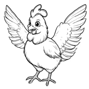 An outline drawing of a happy chicken with its wings spread out, designed for children's coloring activities.