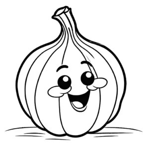 Coloring page of a happy and smiling garlic with big friendly eyes and a cute round body.