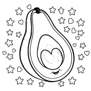 Coloring page featuring a large avocado cut in half, showing the seed, with a heart and star dotted background.