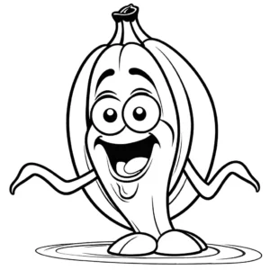 Coloring page of a hilarious cartoon banana with exaggerated facial expressions showcasing joy. coloring page
