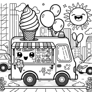 A detailed coloring page of an ice cream truck parked on a street, featuring a large ice cream cone on top, a menu on the side, and playful elements like balloons and a sun with a happy face in the sky. coloring page