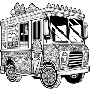 A detailed coloring page of an ice cream truck with an open service window, decorated with ice cream motifs and detailed wheels. coloring page